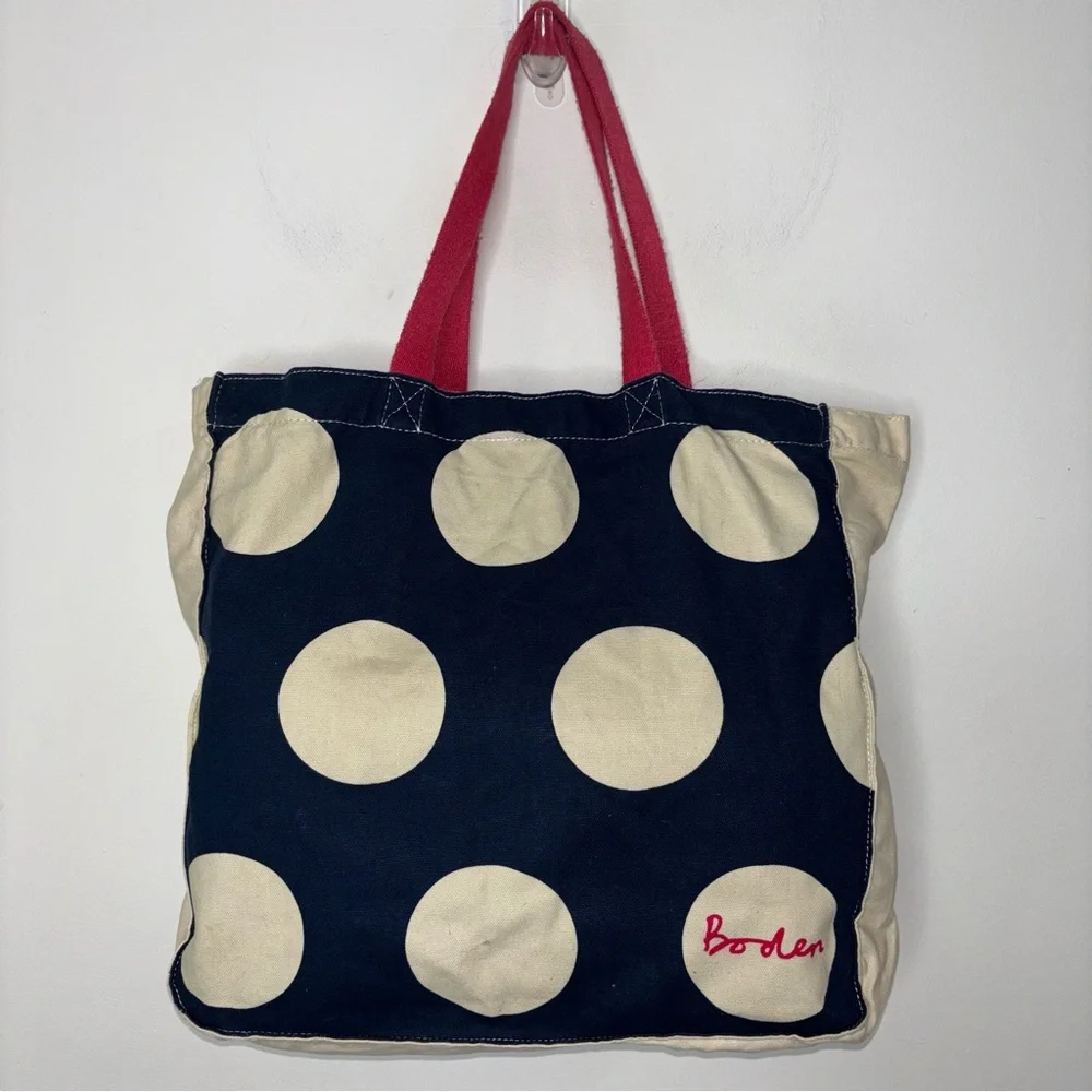 Boden Cotton Canvas Tote Shoulder Bag Blue and Cream Circles Red Handles